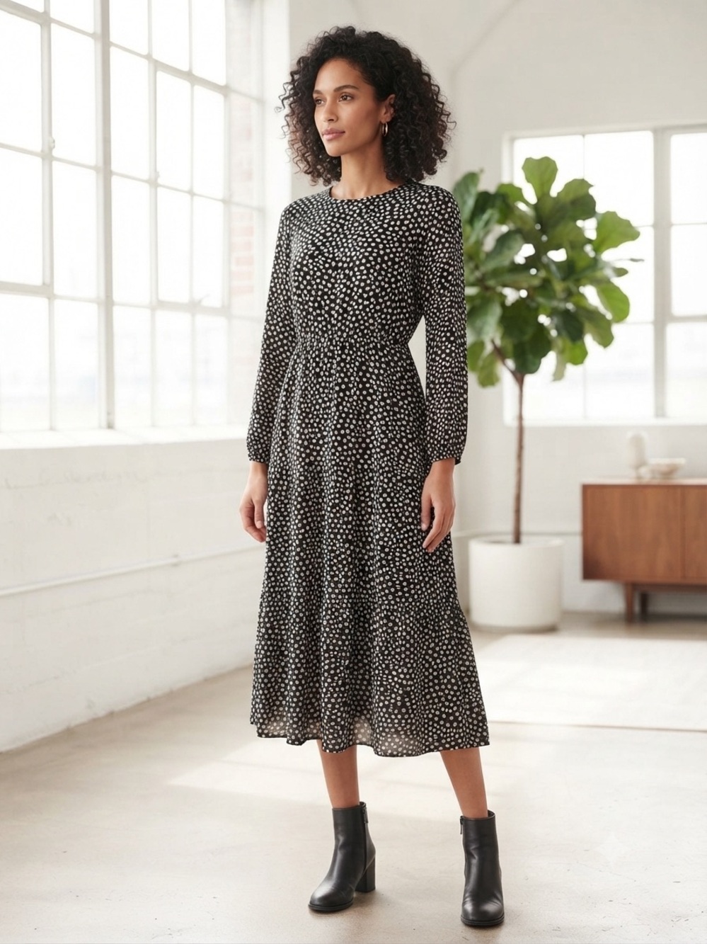 Alfani Black and White Polka Dot Long Sleeve Midi Dress